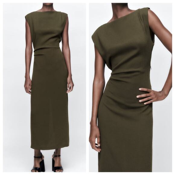 Zara Sleeveless Drapped Boat Neck Midi Dress Dark Khaki Green Size L - Picture 1 of 8
